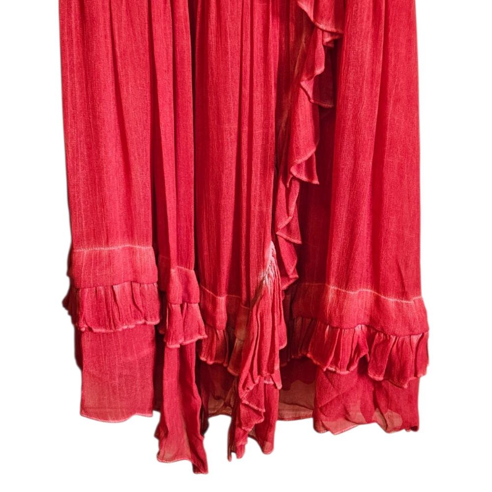 Free People Size Medium Coral Red Acid Wash Asymmetrical Ruffle Mini Dress - Picture 3 of 6
